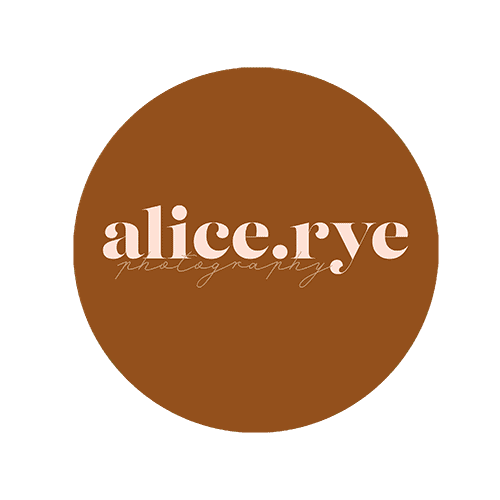 Logo - a brown circle with soft pink text 'Alice Rye' and photography written below.