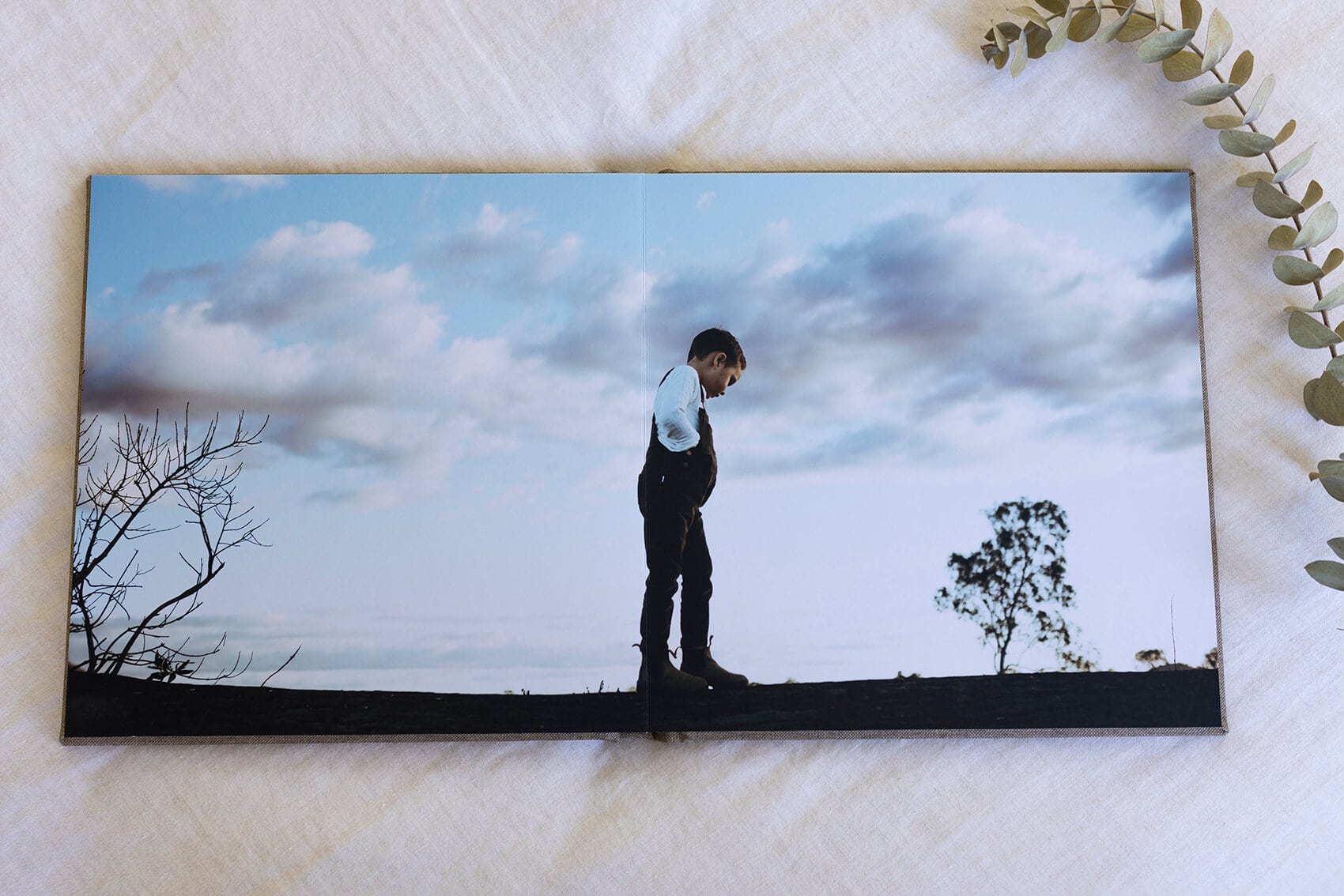 A fine art album lays open with an image of a boy wearing overalls, hands in his pockets, standing on a log. The blue sky and clouds visible behind him.