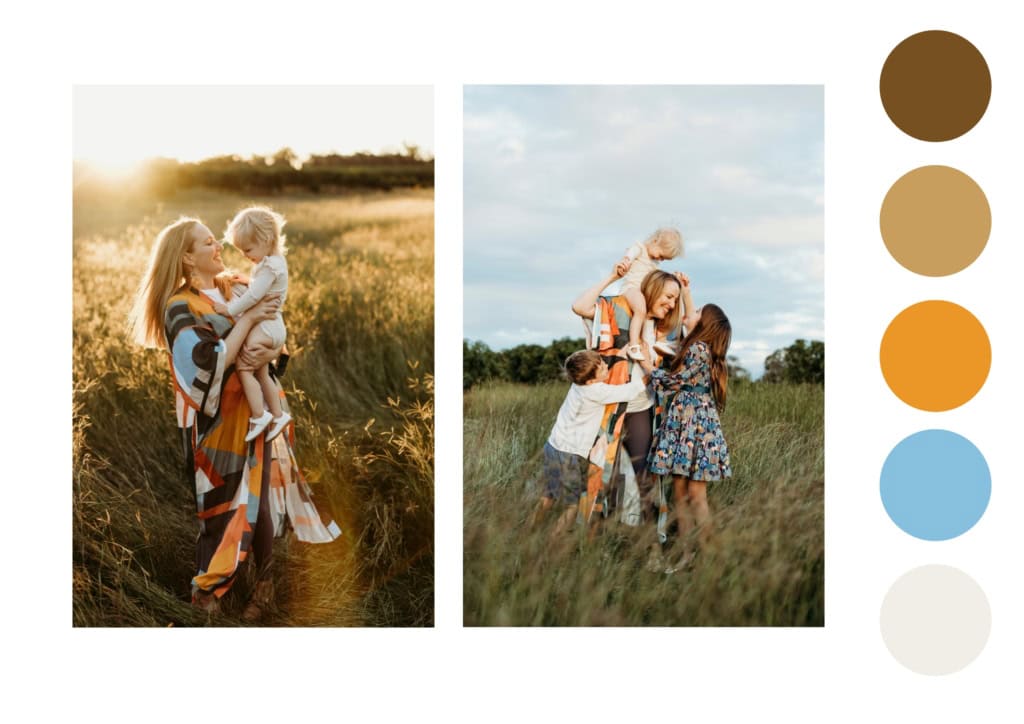 Two photos of a mother cuddling her children as the sun streams in behind them. They are in a field. Next to the photos are a row of five dots, each a different colour that corresponds with their clothing in the photos.