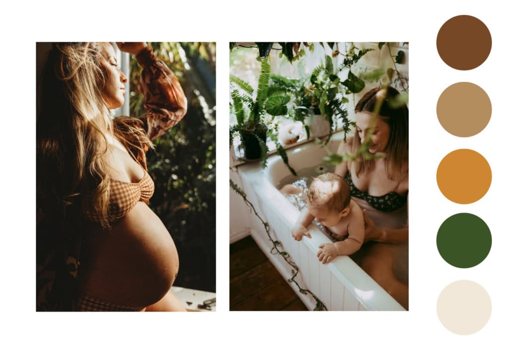 Two photos of a maternity session and a mother and child in a bath. Next to the images are five coloured dots showing the corresponding colours from the two photos.