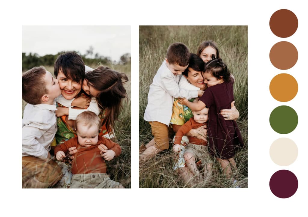 Two portraits of a mother with her four children is next to six dots that correspond with colours that are in the photos. The photos are of a mother cuddling her children in a field of grass. 