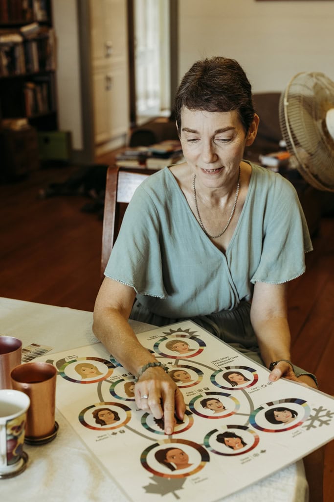 Colour analyst Jacquie Mackay sits at a table in her home and looks at a chart with faces on it. She points to the different 'seasons' which show people what colours best suit them. 